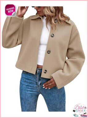 Cropped Pea Coat Button Down Long Sleeve Wool Blend Fall Winter Outerwear